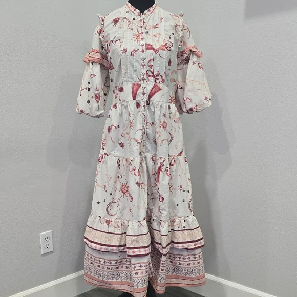 Marchesa Rosa Parker Midi Dress Button Down Puff Sleeve Cream Red Size 8 - Picture 3 of 10